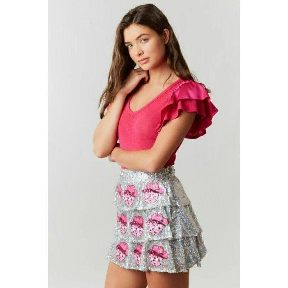 Disco Cowgirl Disco Ball and Hat Patch Sequin Mini Skirt - Picture 5 of 10